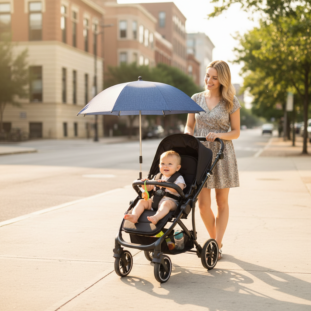 Ombrelle pour poussette en promenade avec maman aen ville