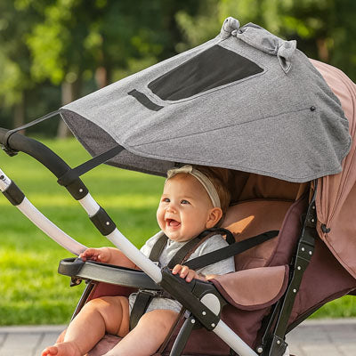 pare soleil pour poussette bébé heureux au parc