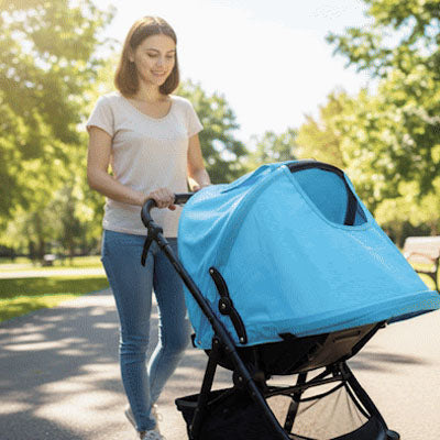 bébé et maman en promenade sous son Pare soleil poussette