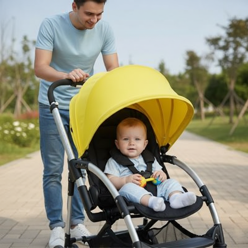 papa promène bébé sous son pare soleil poussette