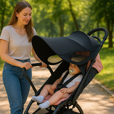 bébé au parc sous un pare soleil poussette anti UV