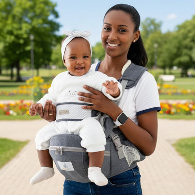 Porte bebe maman en promenade avec bébé au parc