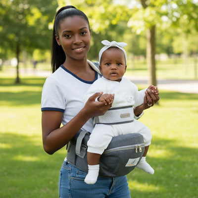Porte bebe gris bébé souriant avec maman