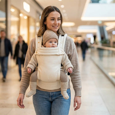 maman porte bébé dans son porte bebe ergonomique au centre ommercial