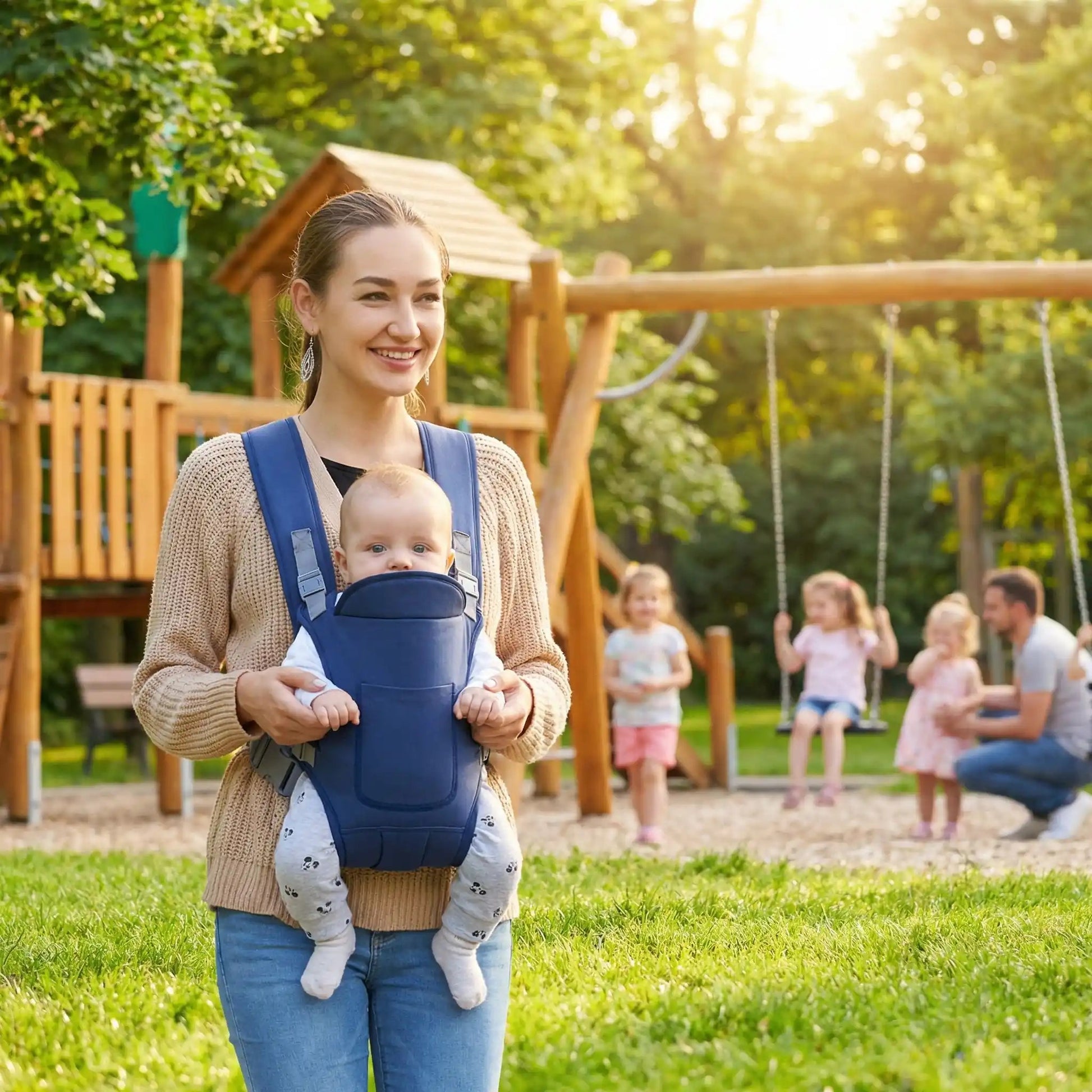 maman au parc avec bébé porté dans son porte bébé