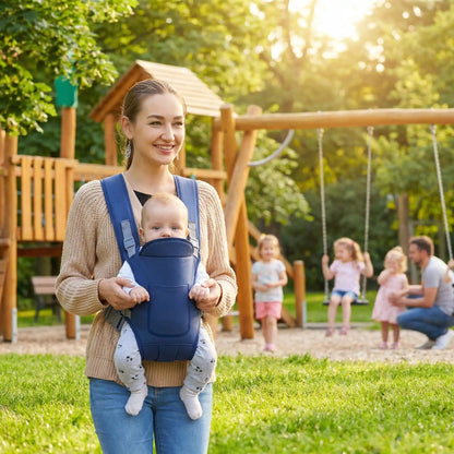 maman au parc avec bébé porté dans son porte bébé