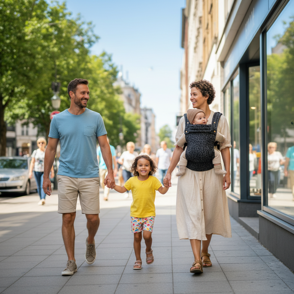 maman porte bébé dans son porte bebe et se promène en ville en famille