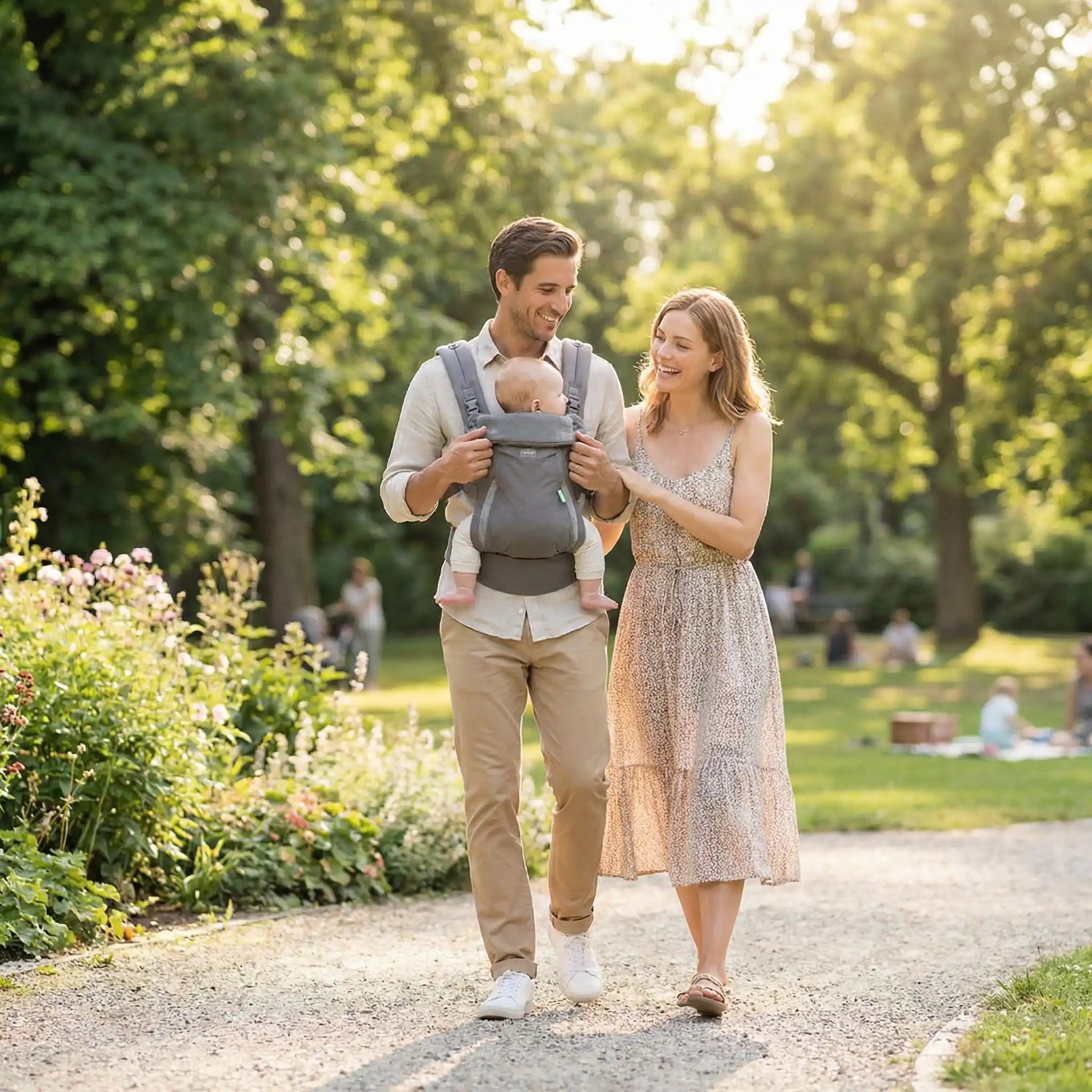 bébé dans son porte bébé en promenade avec maman et papa