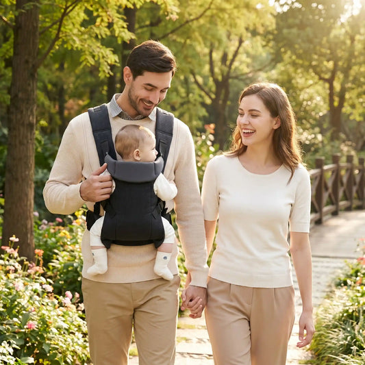 papa porte bébé dans son porte bebe et se promène avec maman au parc
