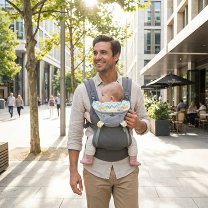 papa se promène en ville et porte son bébé dans un porte bébé confortable