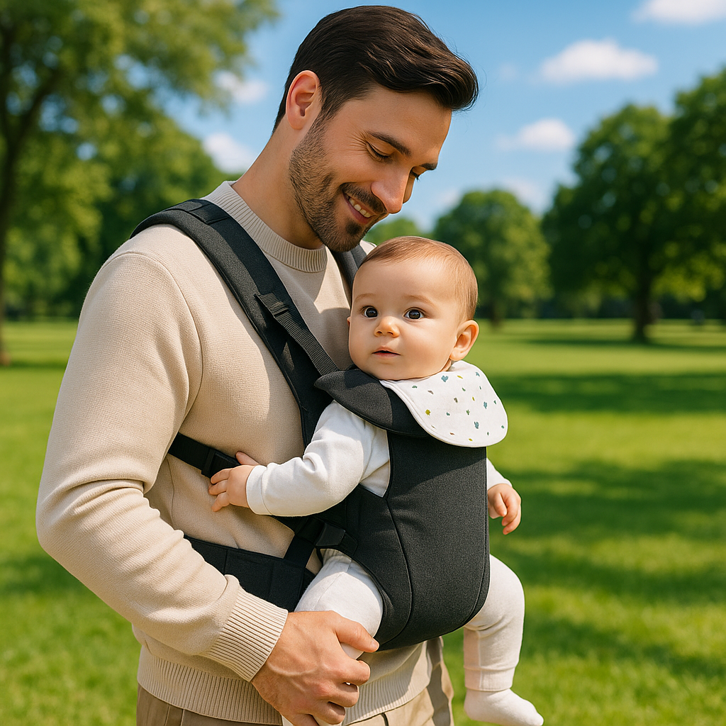 porte bebe dans le parc en balade papa