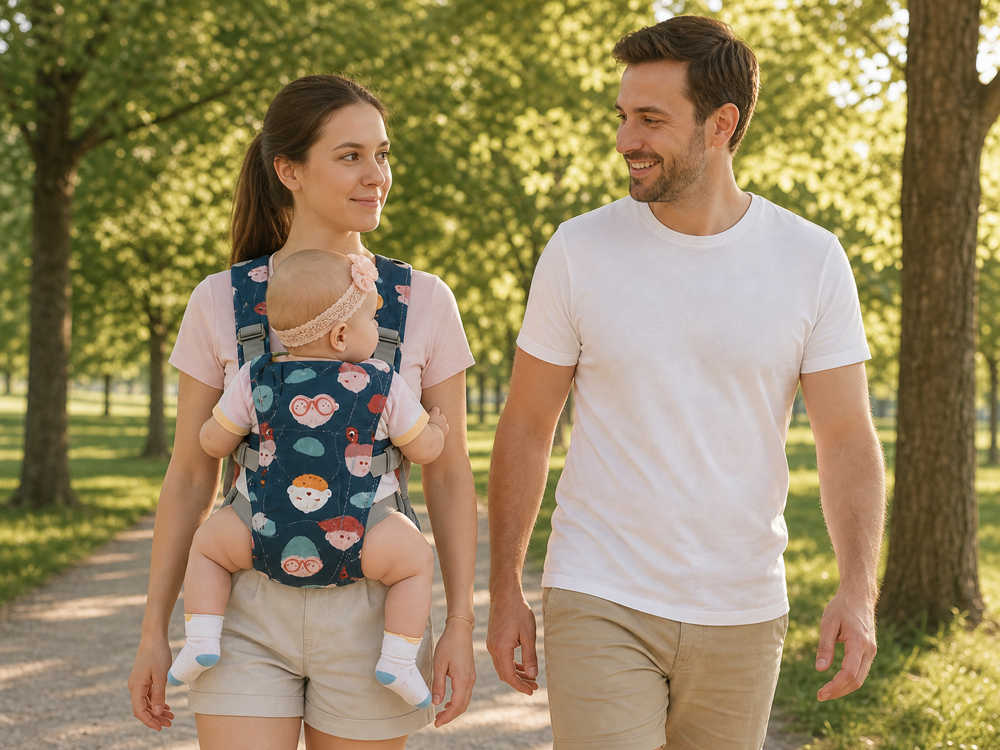 maman porte bébé dans son porte bebe et se promène avec papa