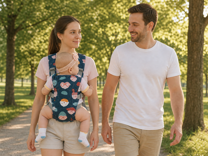 maman porte bébé dans son porte bebe et se promène avec papa