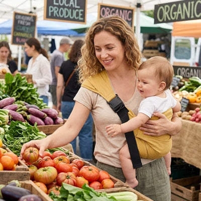 maman au marché et bébé bien installé dans son porte bébé