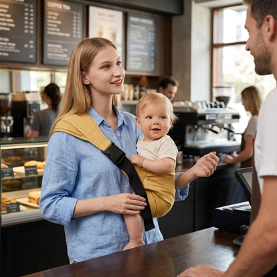 maman au café et son bébé blotti contre elle dans son porte bébé