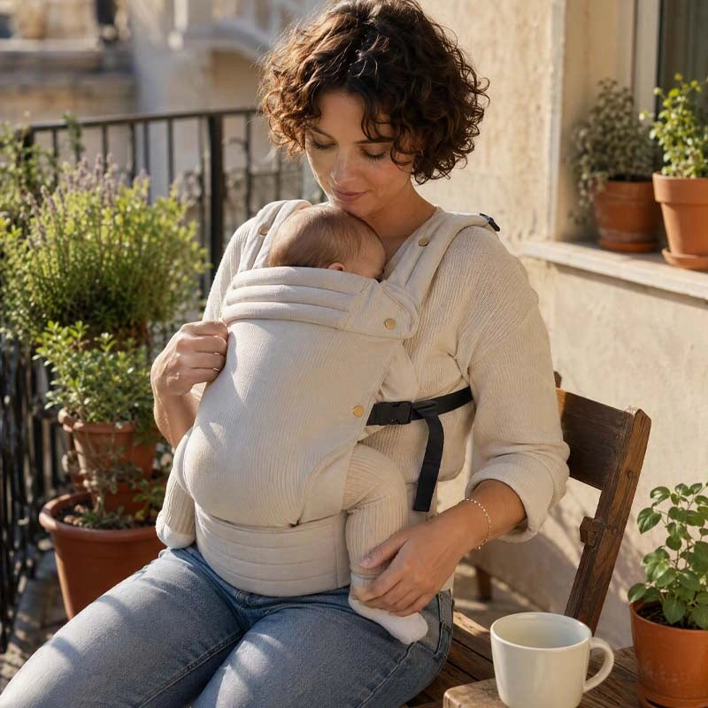 maman avec bébé dans son porte bebe koala endormi