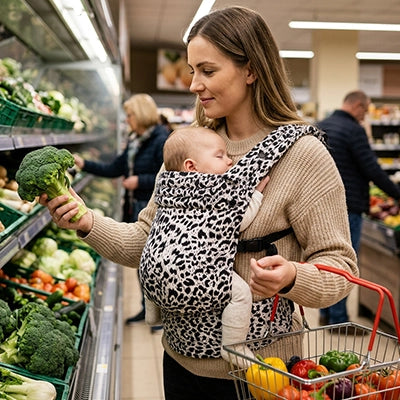 maman au super marché porte son bébé endormi dans son porte bébé koala