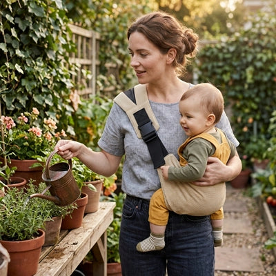 maman porte bébé dans son porte bebe koala beige au jardin