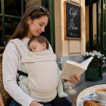bébé endormi dans les bras de maman dans son porte bebe koala