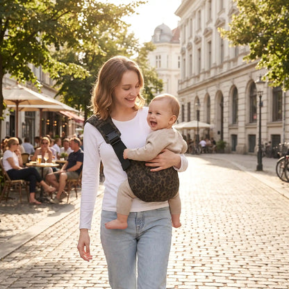 maman porte son bébé souriant dans son porte bebe koala en ville