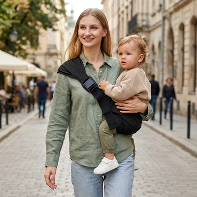 maman en promenade au centre ville avec bébé dans son porte bébé koala noir