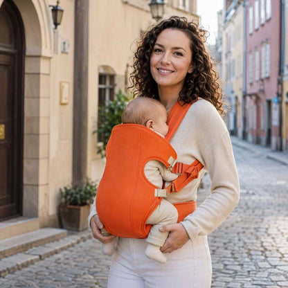 maman porte son bébé bien endormi dans un porte bébé koala en ville