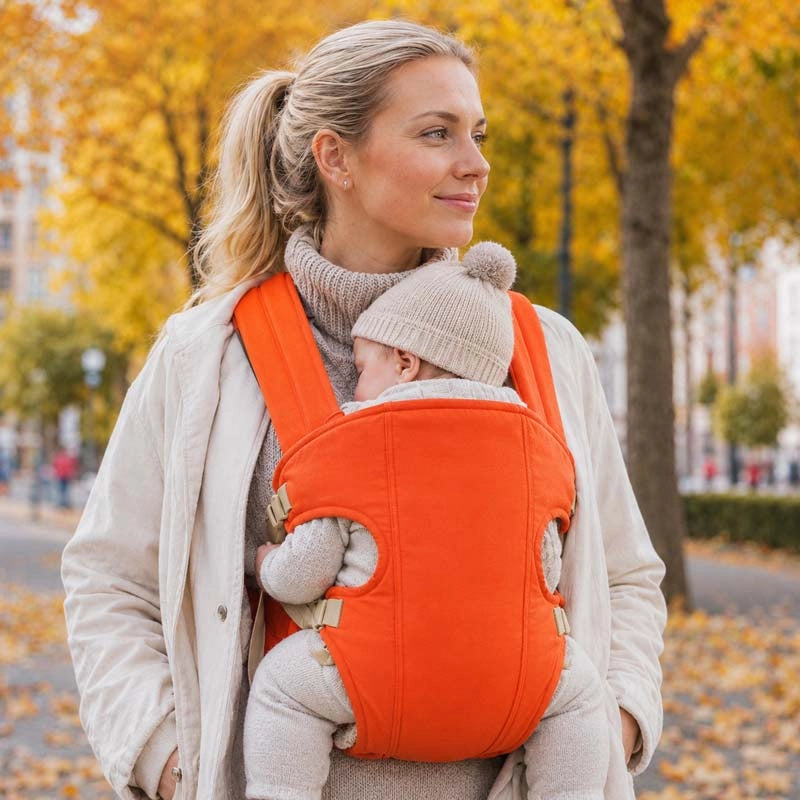 maman au parc porte son bébé dans un porte bébé koala orange confortable