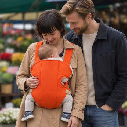 maman porte son bébé dans un porte bébé koala orange avec papa au marché
