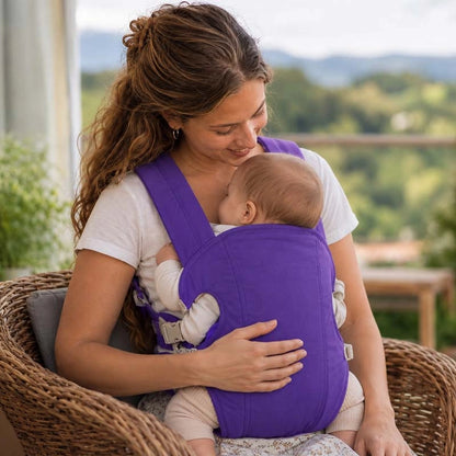 maman porte son bébé dans un porte bébé koala violet assise sur une chaise
