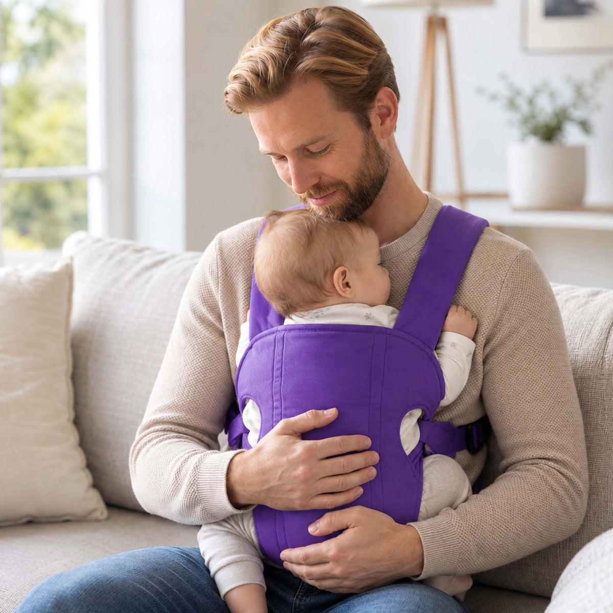 papa porte son bébé dans un porte bébé koala violet