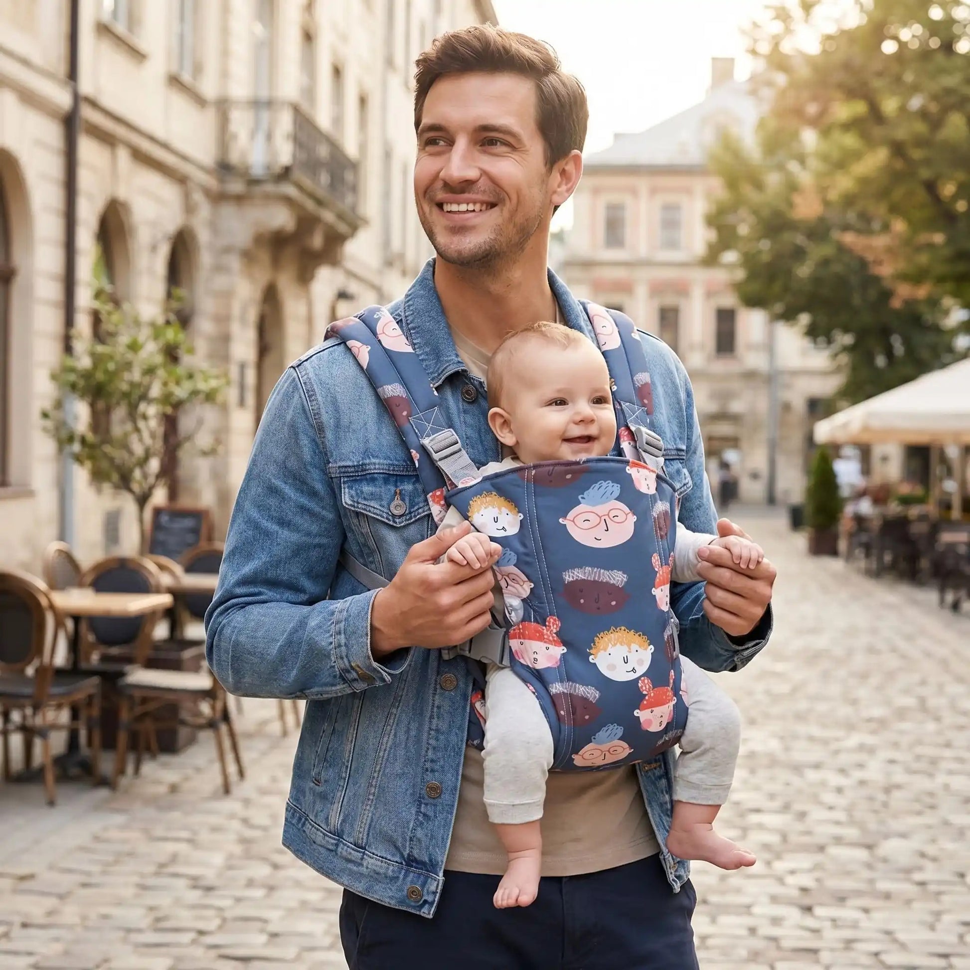 papa porte bébé dans son porte bebe