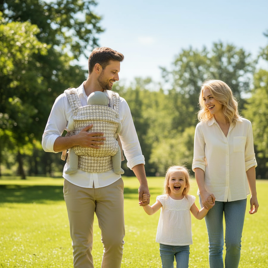 papa porte bébé dans son porte bébé physiologique au parc avec maman et leur fille