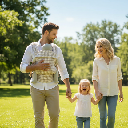papa porte bébé dans son porte bébé physiologique au parc avec maman et leur fille