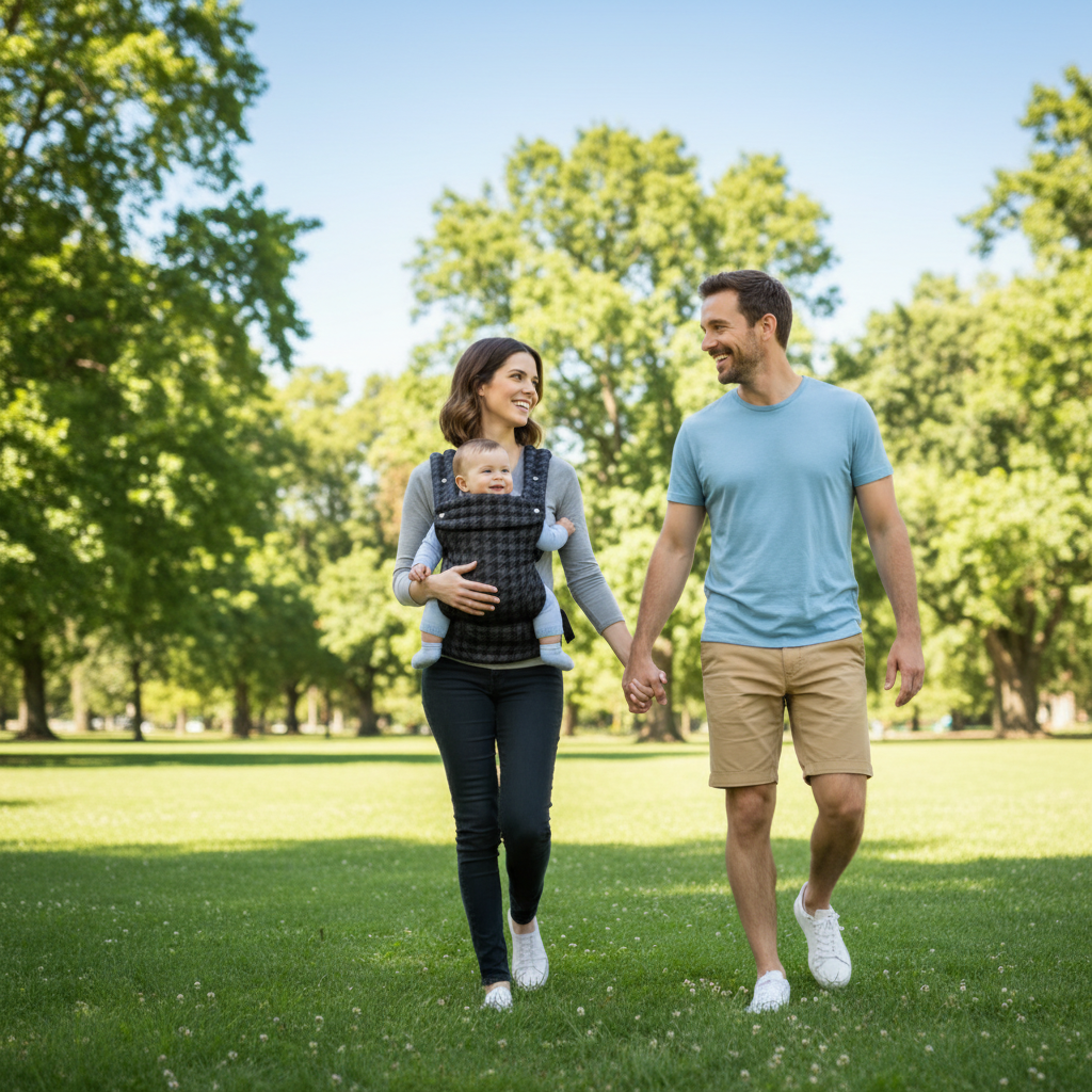 maman porte bébé dans son porte bébé physiologique et se promène au parc avec papa