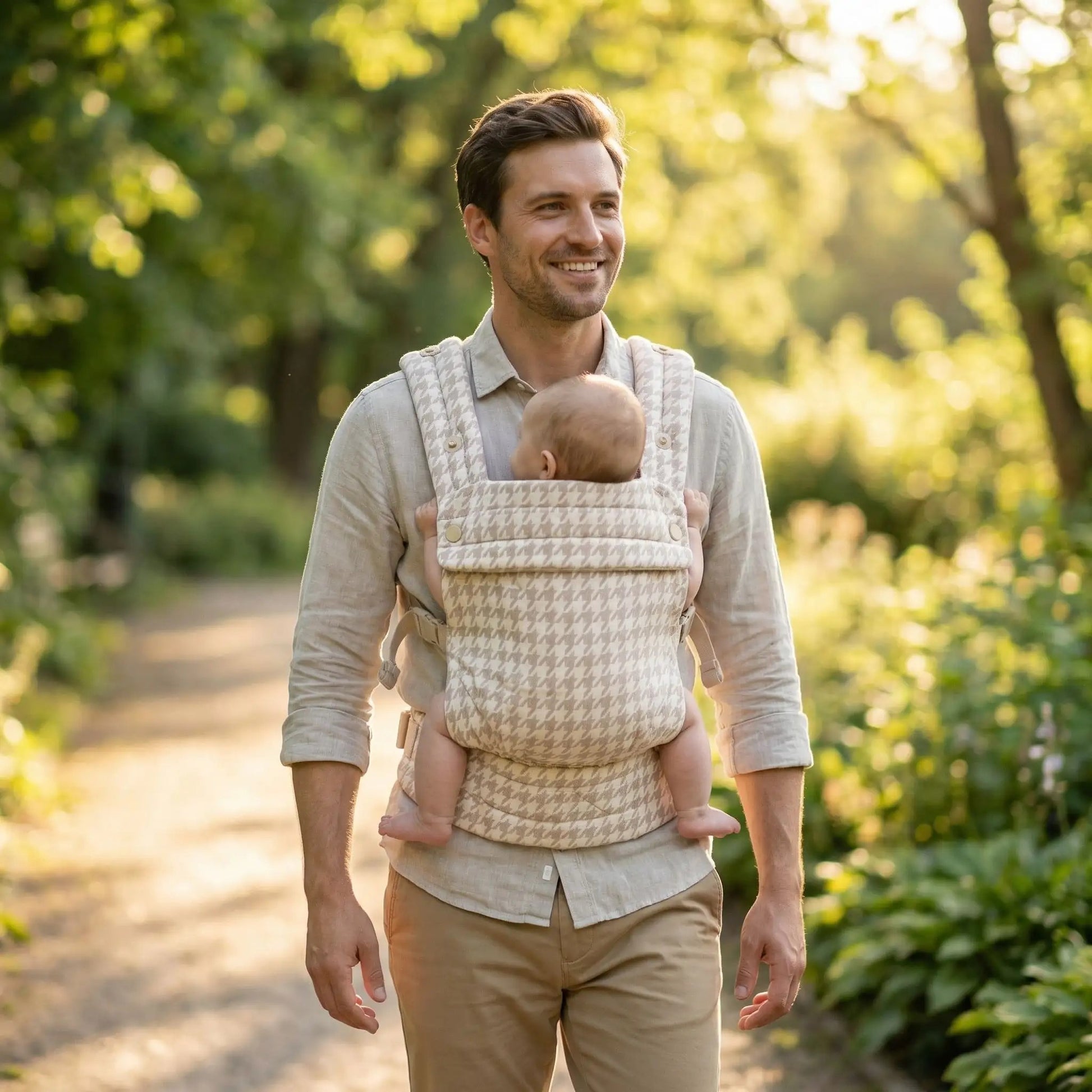 papa porte bébé dans son porte bébé physiologique au parc