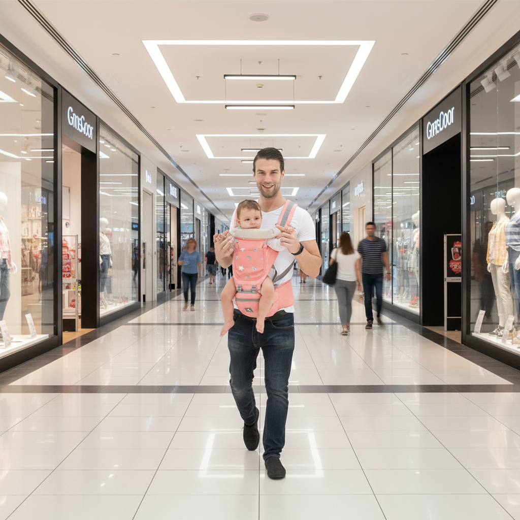 papa porte bébé dans son porte bébé au centre commercial