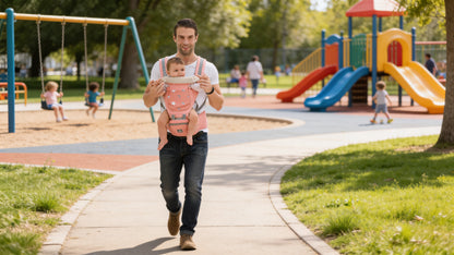 papa porte bébé dans son porte bébé au parc en été
