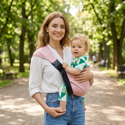 maman au parc et bébé bien installé dans son porte bébé