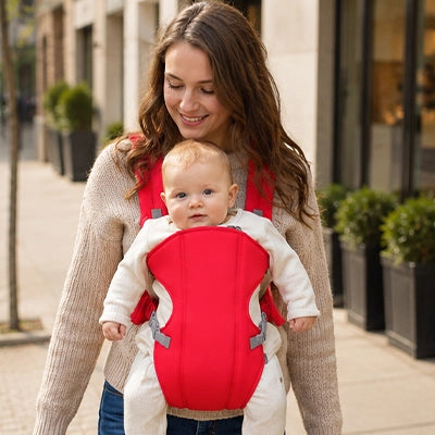 maman se promène avec bébé qui sourit dans son porte bebe