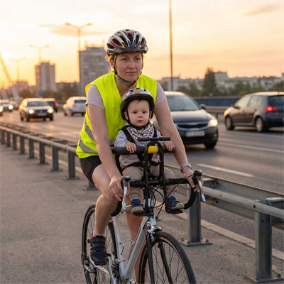 Bébé avec maman installé confortablement dans son porte bebe velo