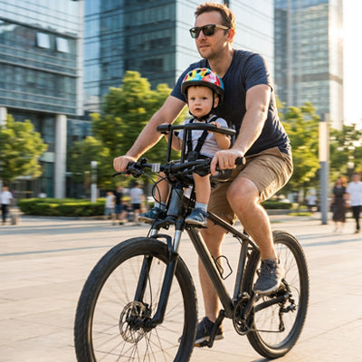 Papa se promène à vélo avec son enfant dans son porte bebe velo