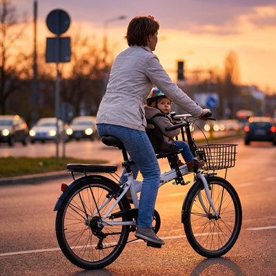 Maman se promène à vélo avec son enfant dans son porte bebe velo