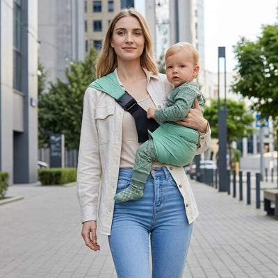 maman se promène en ville et son fils dans son porte bébé