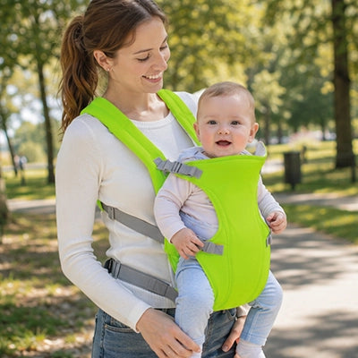 maman porte bébé qui sourit dans son porte bebe