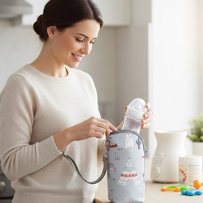 maman range le biberon dans le porte biberon isotherme gris
