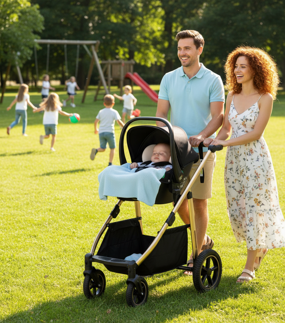 maman et papa au parc avec bébé dans sa poussette 3 en 1