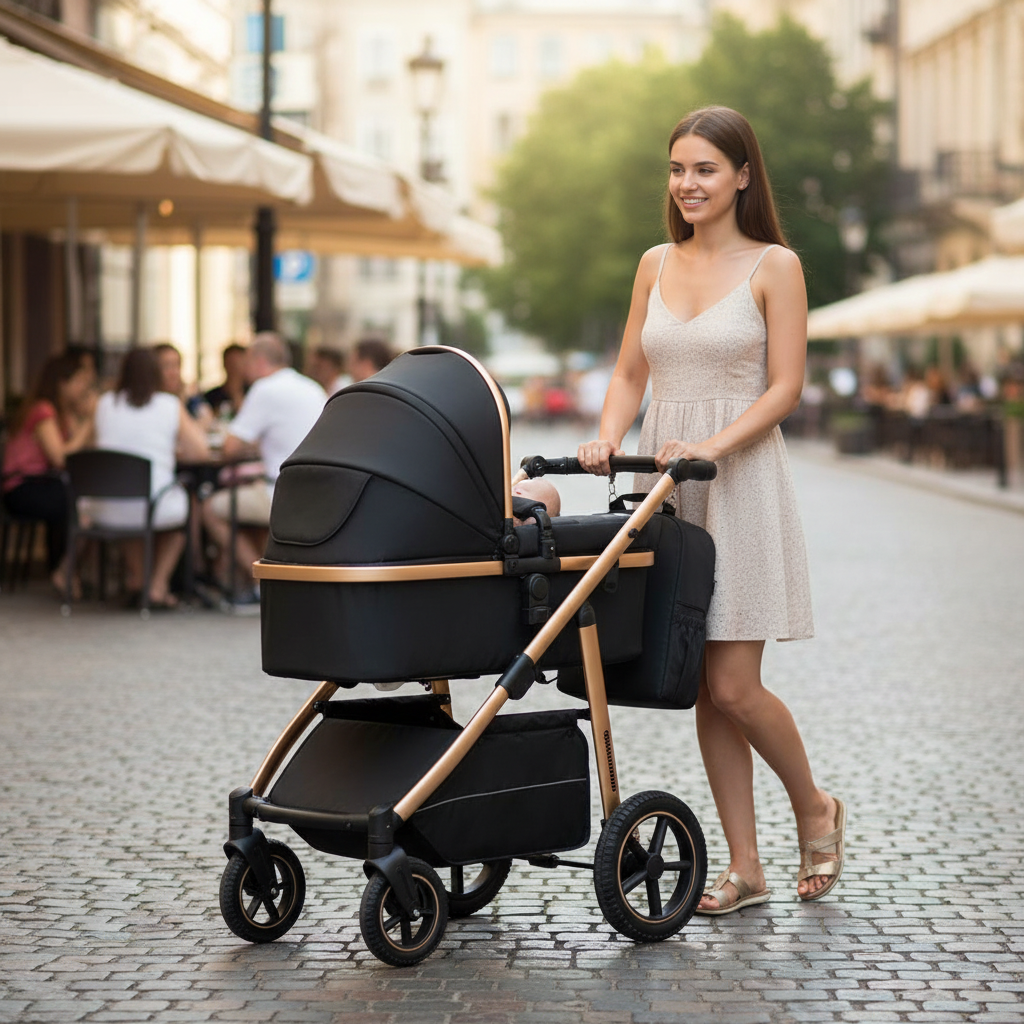 maman en ville avec bébé dans sa poussette 3 en 1