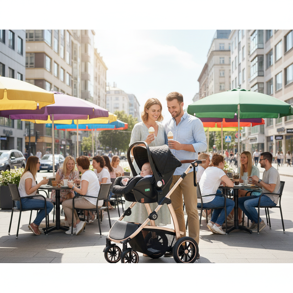 maman et papa mangent une glace et bébé endormi dans sa poussette 3 en 1