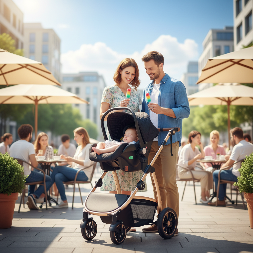 maman et papa mangent une glace et bébé endormi dans sa poussette 3 en 1