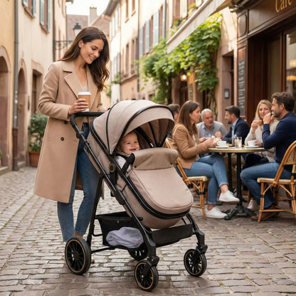 maman se promène avec bébé dans sa poussette 3 en 1 et prend son café